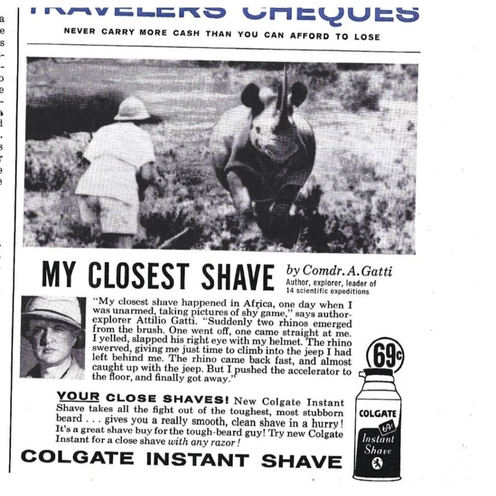 Vintage 1958 Print Ad Colgate Instant Shave Explorer Comander Gatti Rhinoceros